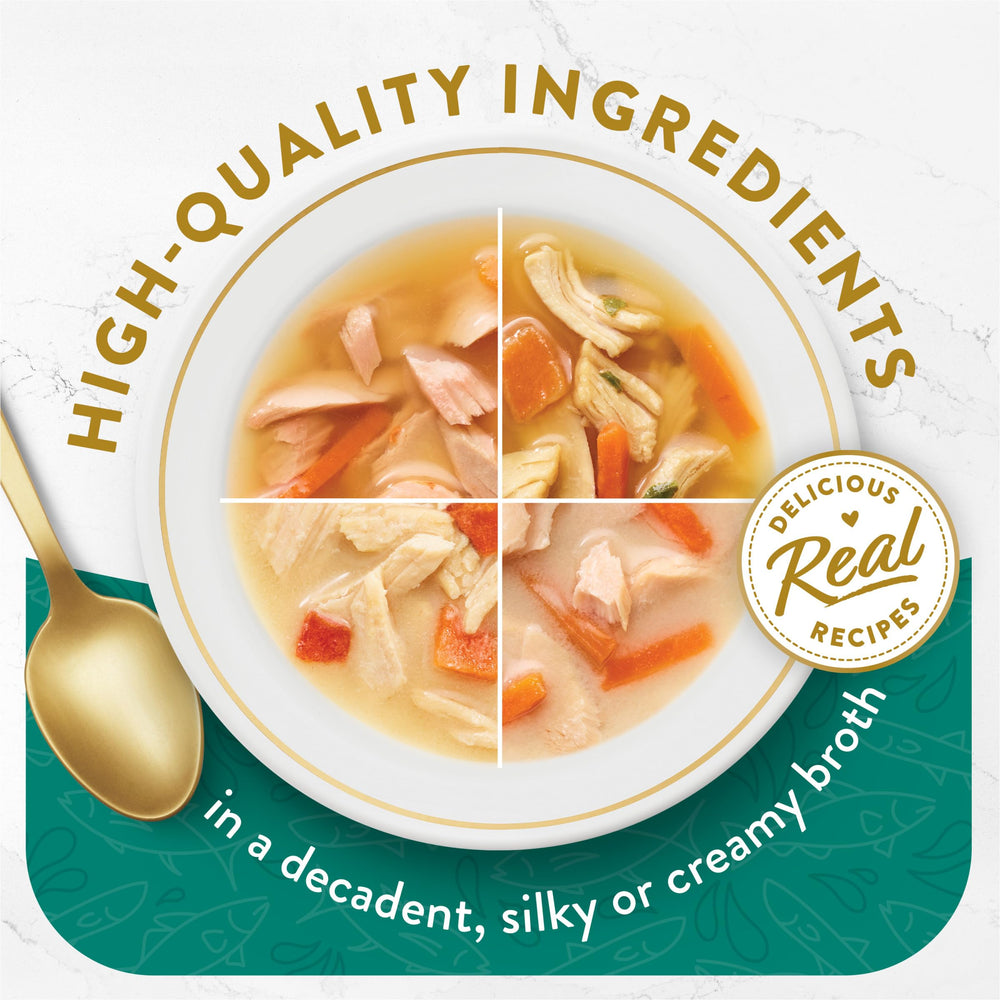 Fancy Feast Broth Complement chicken and seafood closeup highlighting silky broth texture.