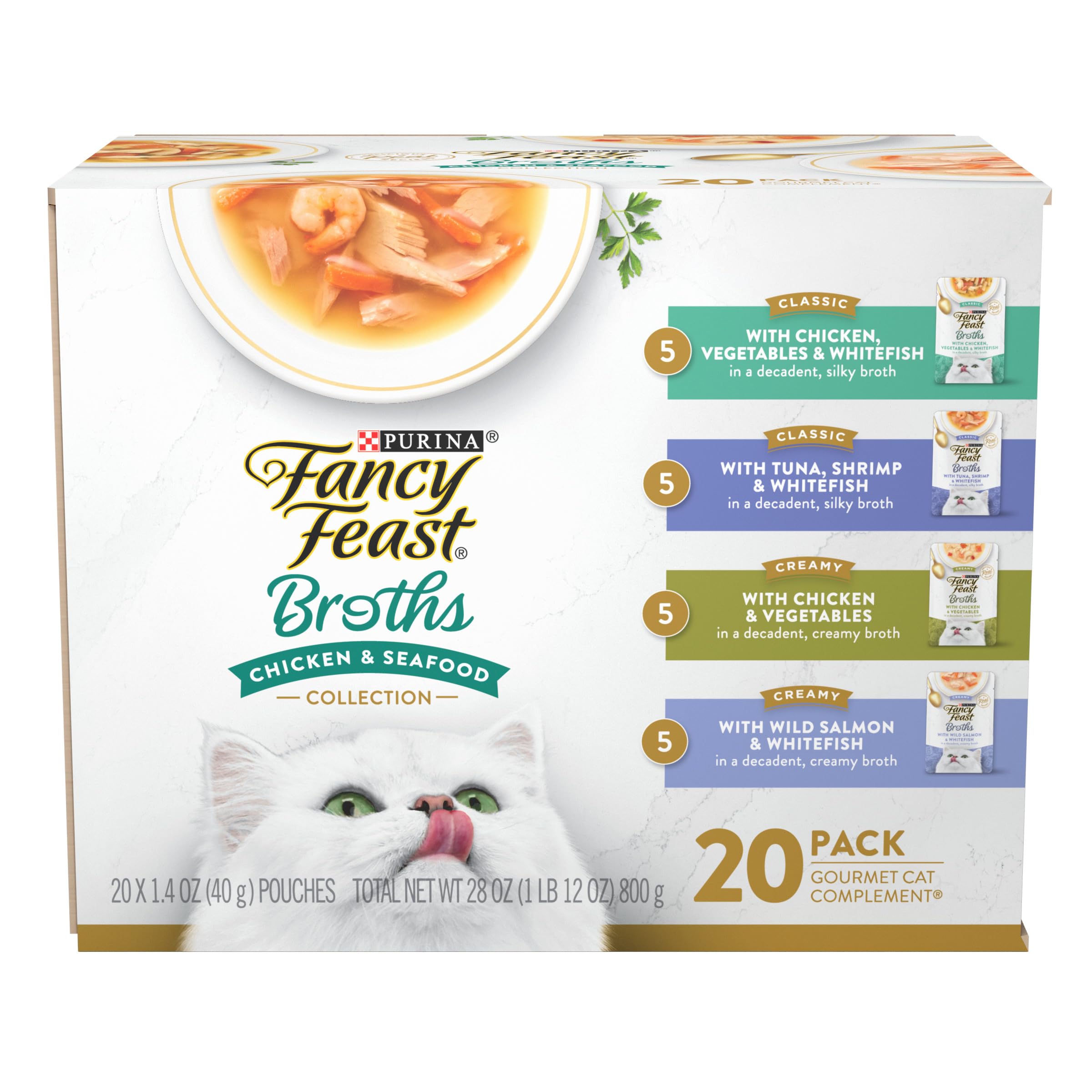 Fancy Feast Broth Complement pouch over view showing real ingredients for appetizing flavor.