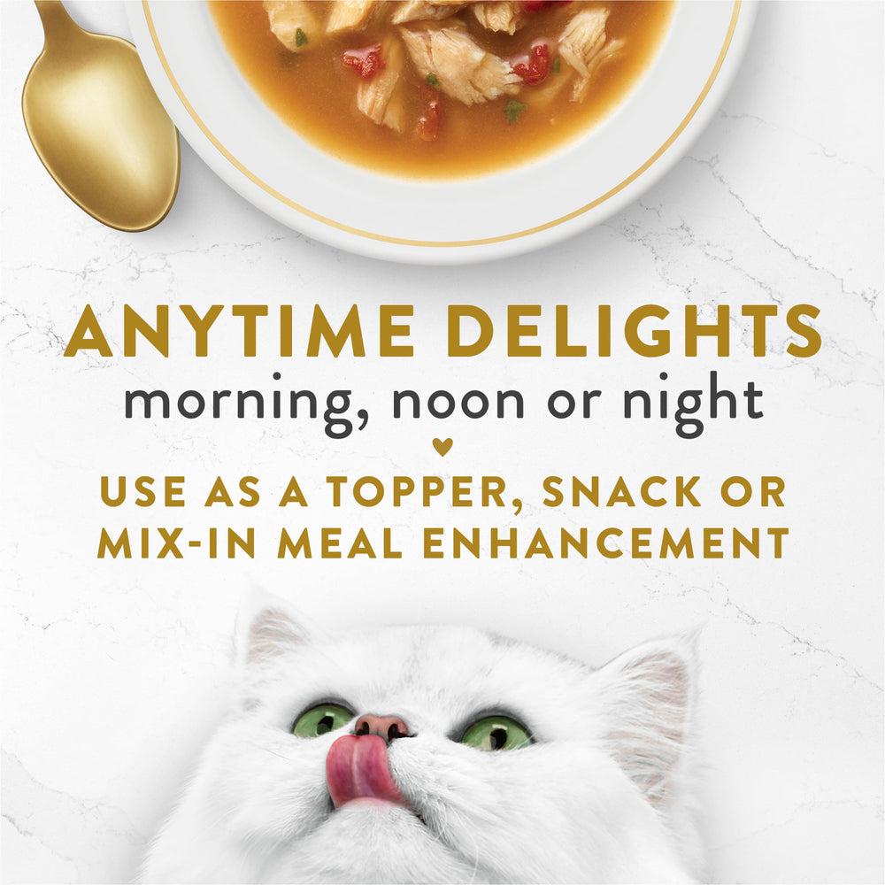 Fancy Feast broth pour-over over meal illustrates moisture boost for dry or wet meals.