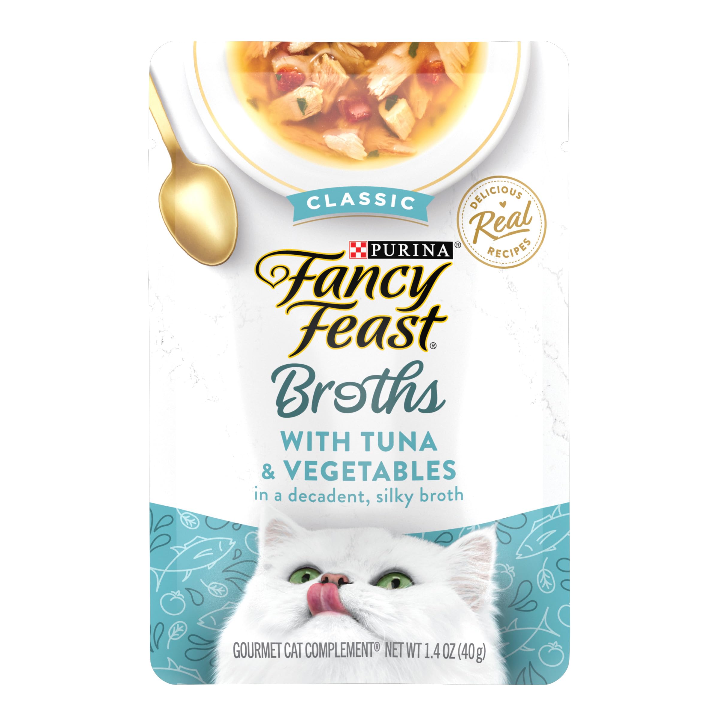 Fancy Feast broth topper pouch with tuna and vegetables for added flavor to enrich meals.