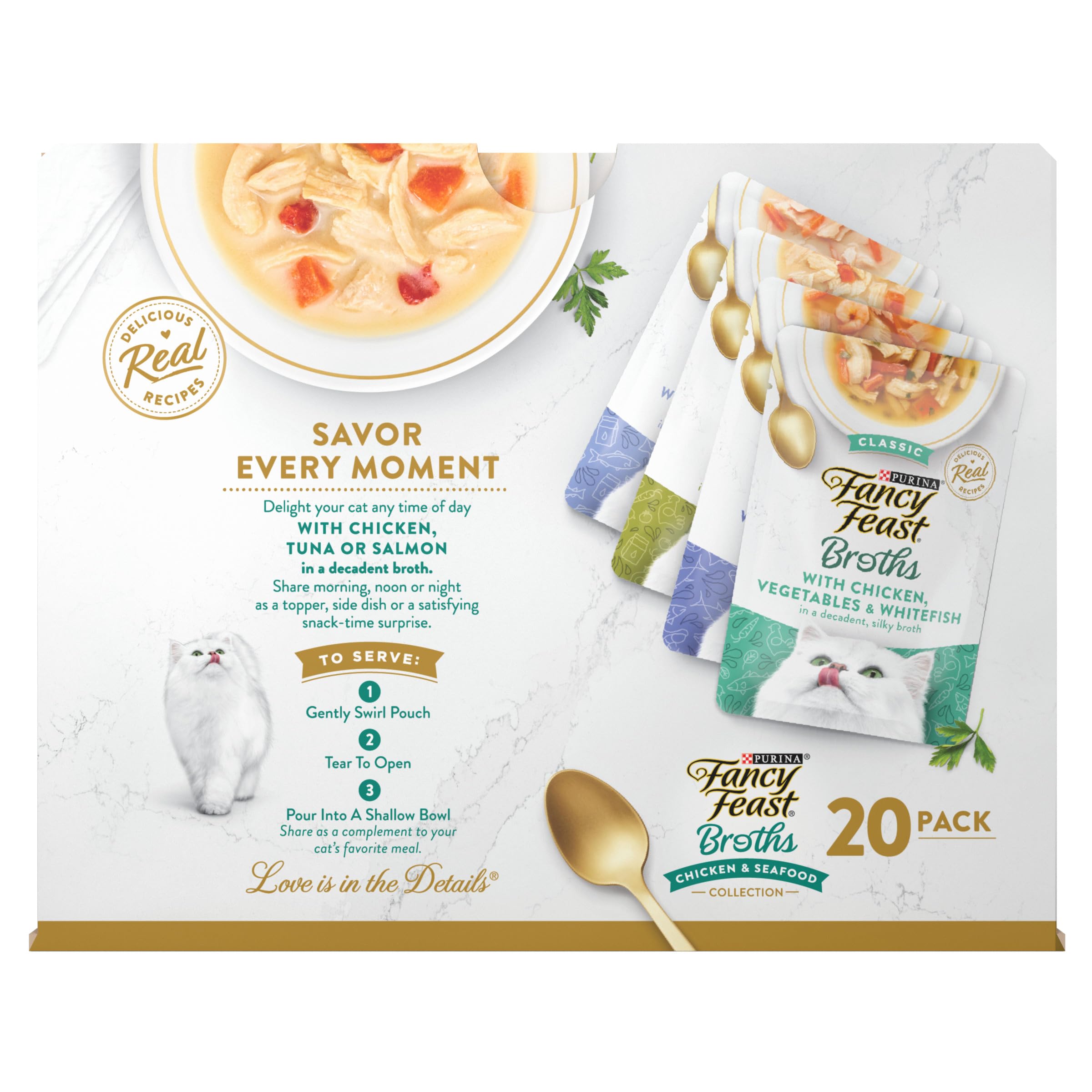 Fancy Feast Broth Complement variety pack label with four flavor illustrations.