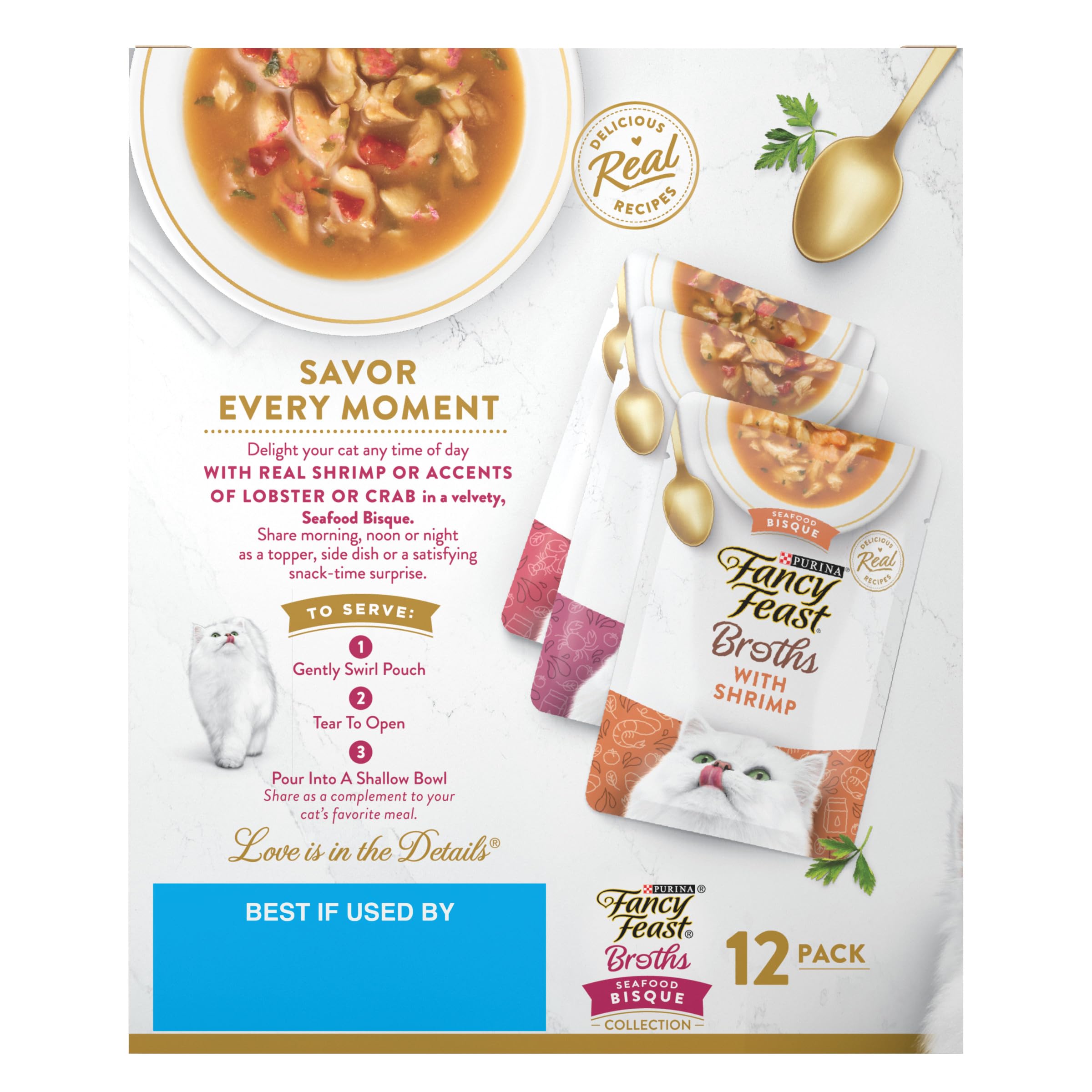 Fancy Feast Broth Variety Pack Serving pouch highlights convenient daily topper