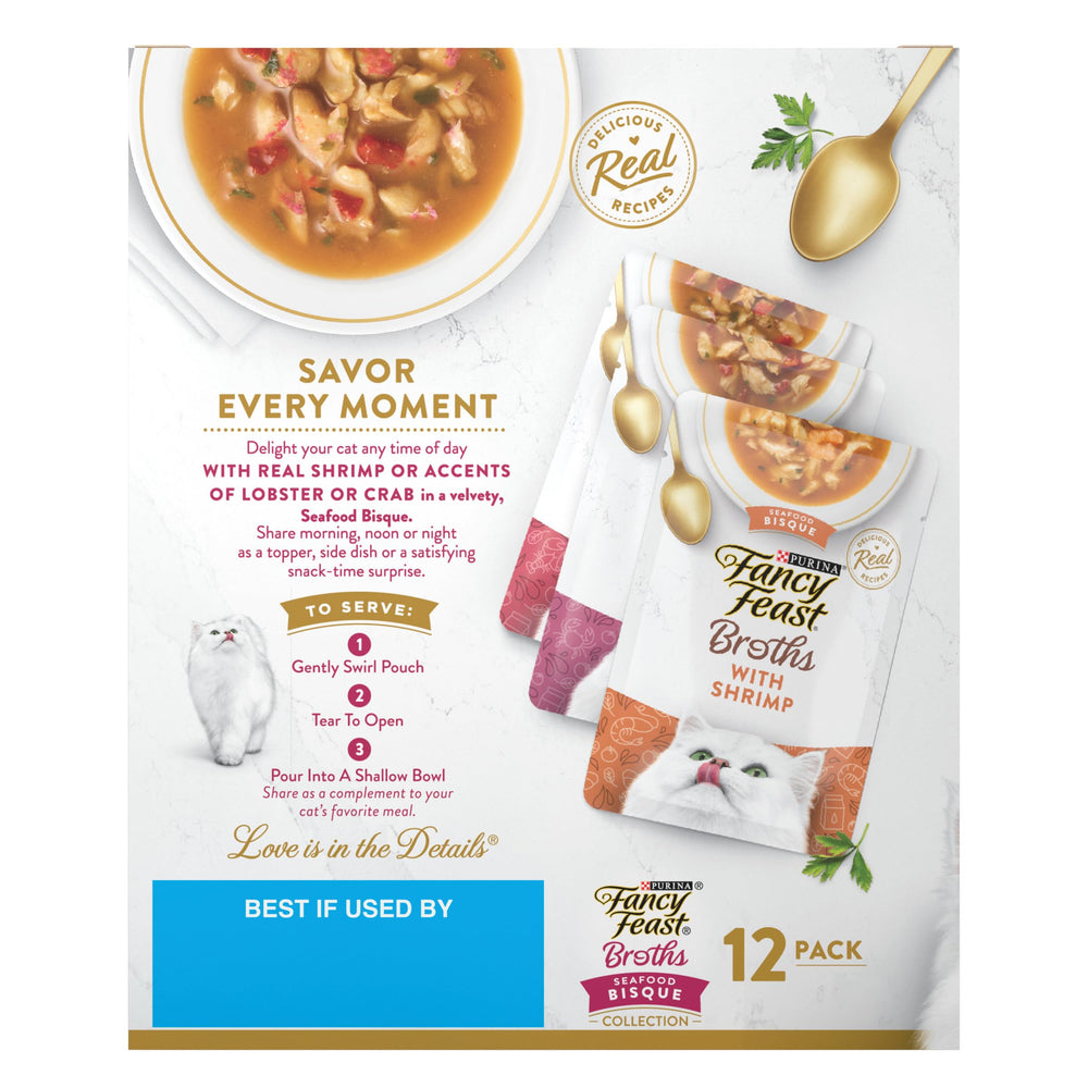 Fancy Feast Broth Variety Pack Serving pouch highlights convenient daily topper