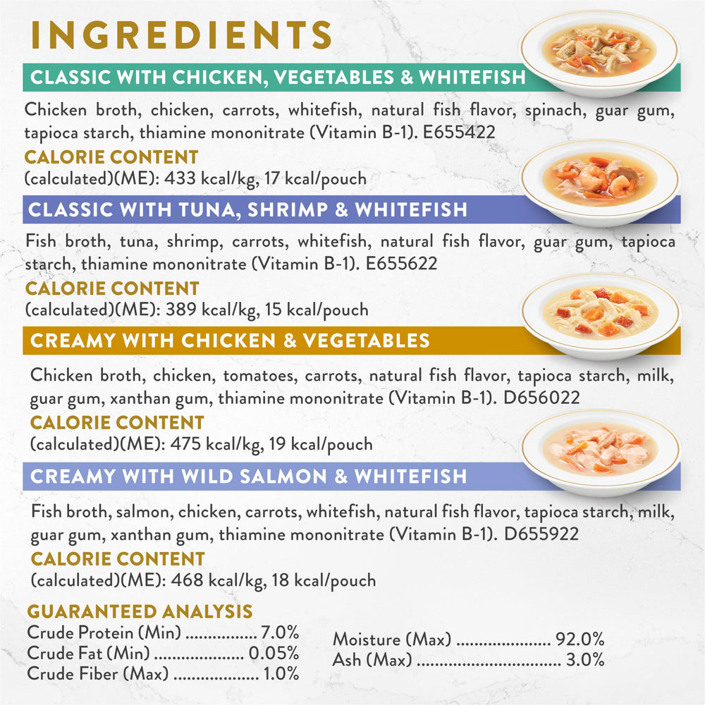 Fancy Feast Broth Complement visible ingredients close-up to convey real protein.