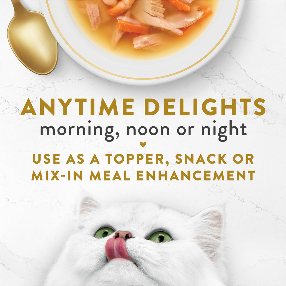 Fancy Feast Broths Classic Served Bowl showing gourmet texture for cats.