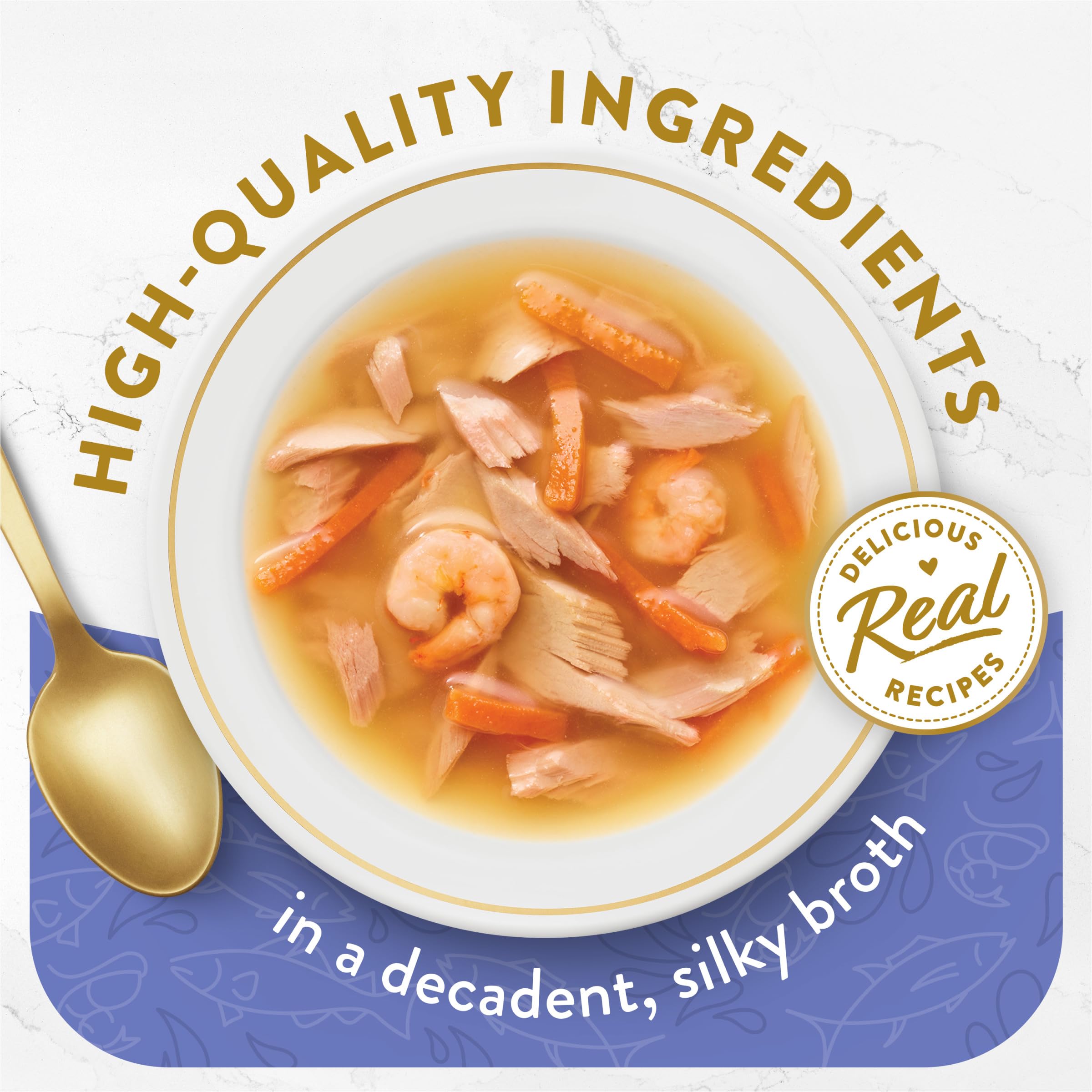 Fancy Feast Broths Classic Shrimp pouch enhances mealtime aroma.
