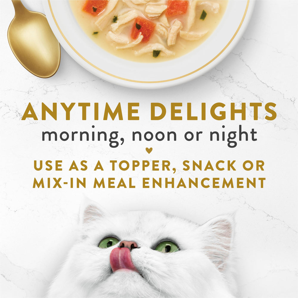 Fancy Feast Broths Creamy Senior Chicken Broth Closeup displays a silky texture cats may enjoy.