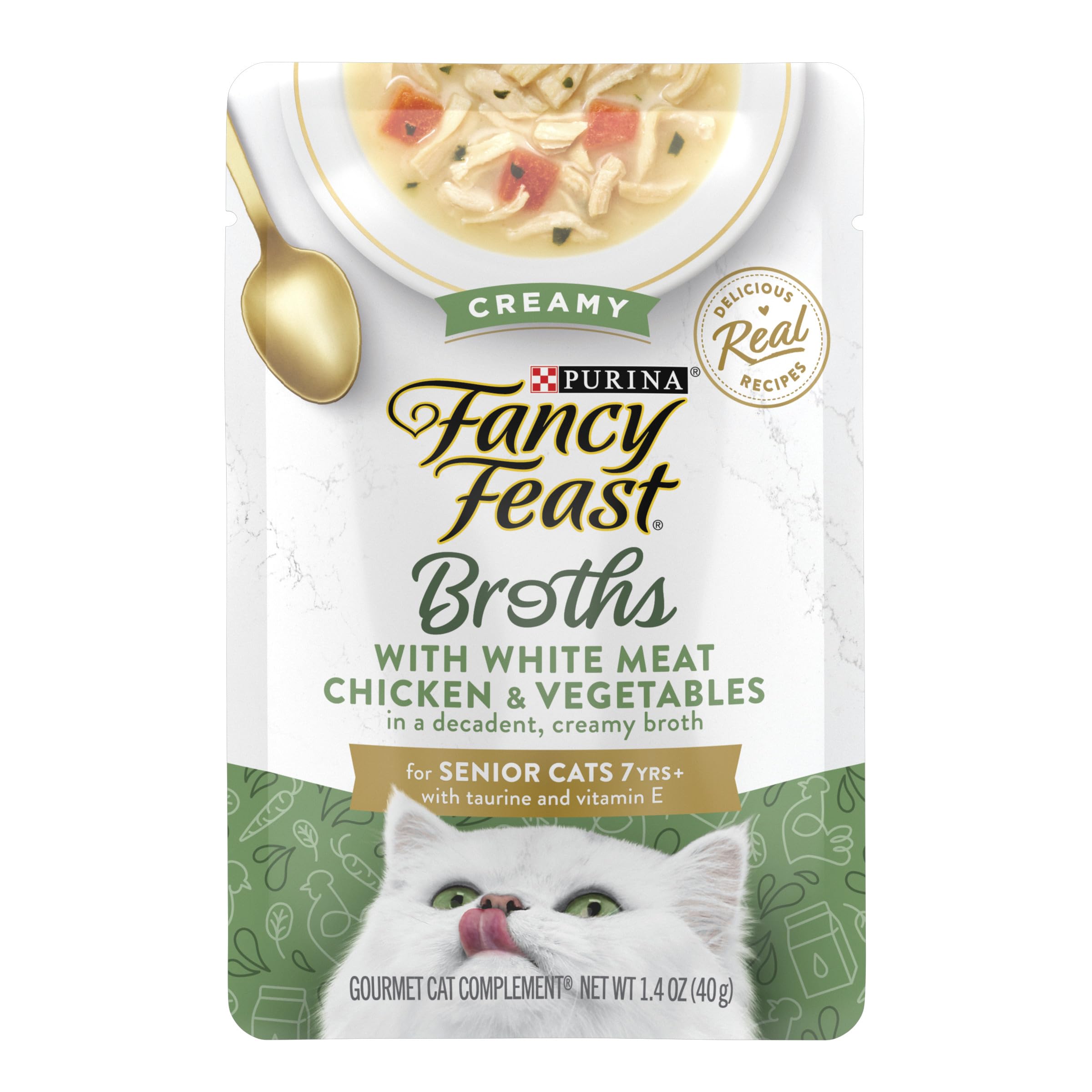 Fancy Feast Broths Creamy Senior Chicken Pouch provides a moisture-rich topper for senior cats.