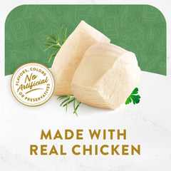 Fancy Feast Broths Creamy Senior Chicken Shreds Closeup shows tender texture for older cats.