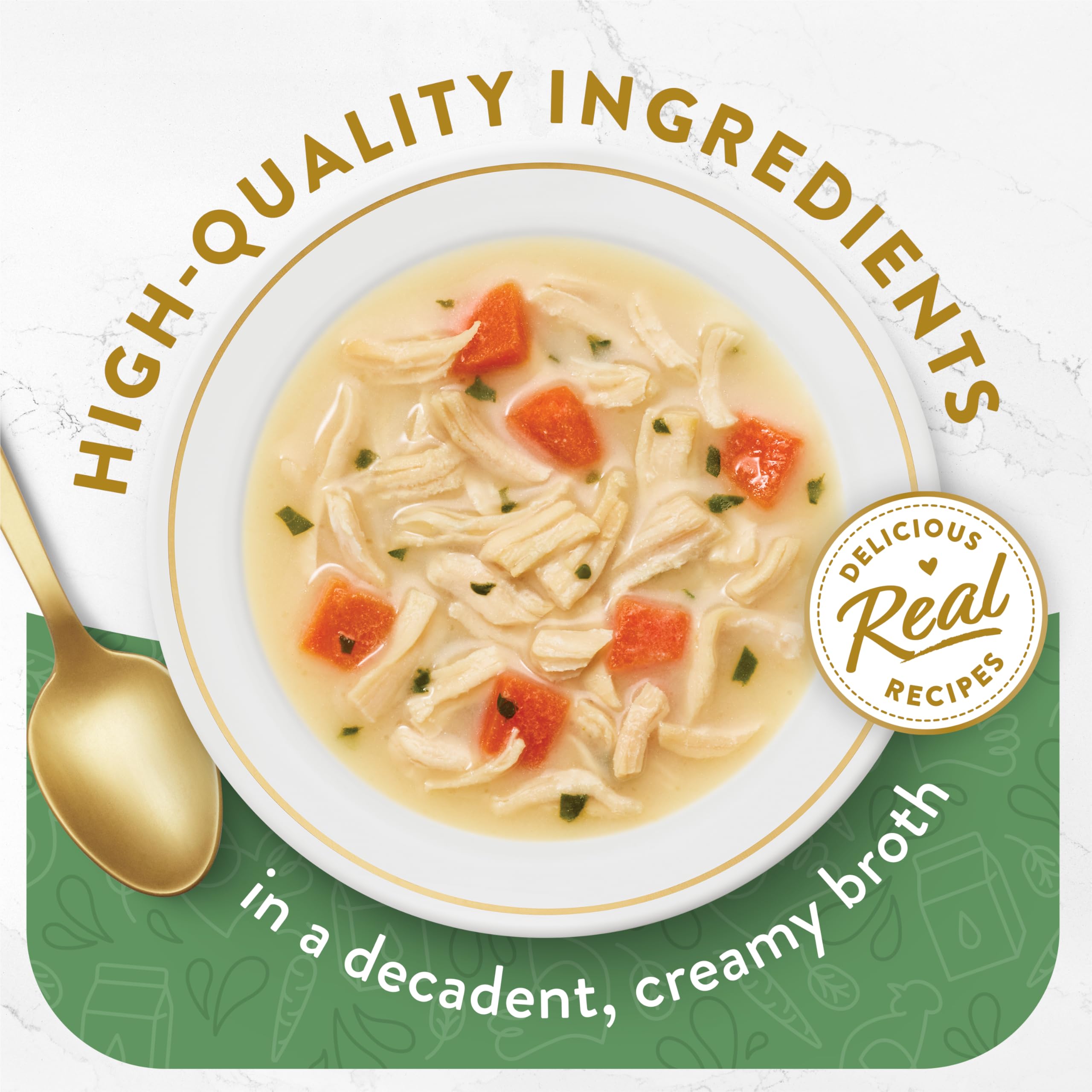 Fancy Feast Broths Creamy Senior Chicken Vegetables Pouch highlights real ingredients for easy feeding.