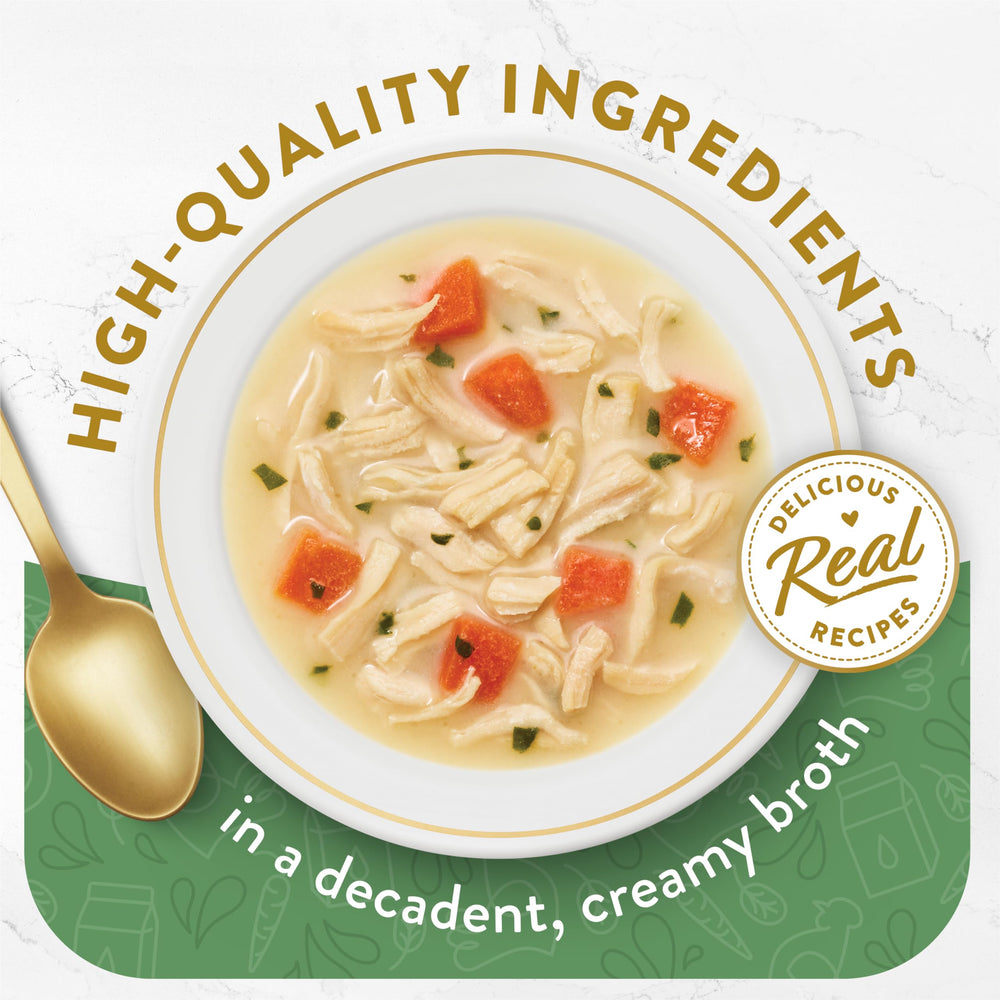 Fancy Feast Broths Creamy Senior Chicken Vegetables Pouch highlights real ingredients for easy feeding.