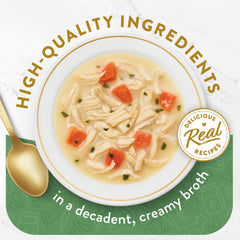 Fancy Feast Broths Creamy Senior Chicken Vegetables Pouch highlights real ingredients for easy feeding.