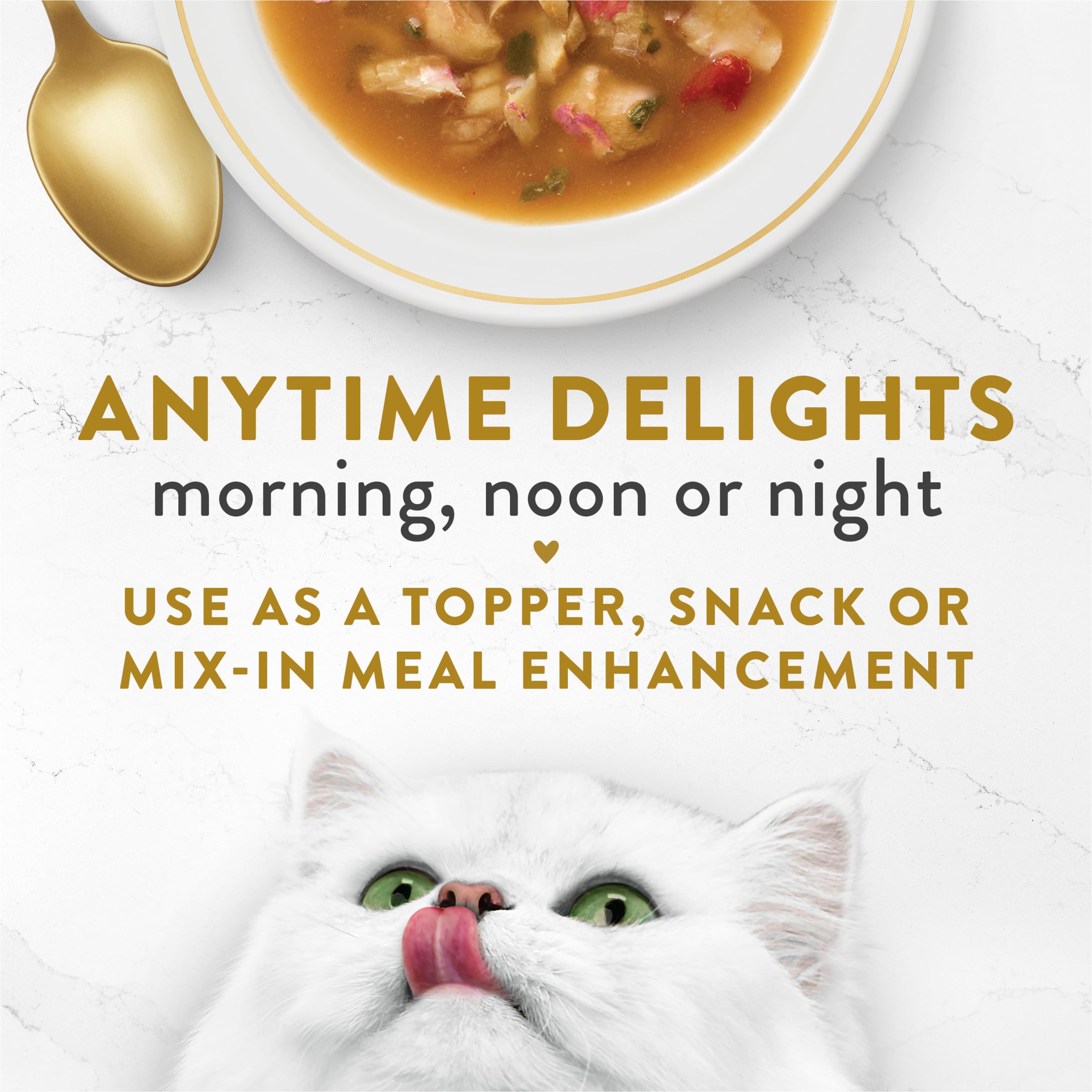 Fancy Feast Broths adult cat serving idea with tear-and-pour pouch