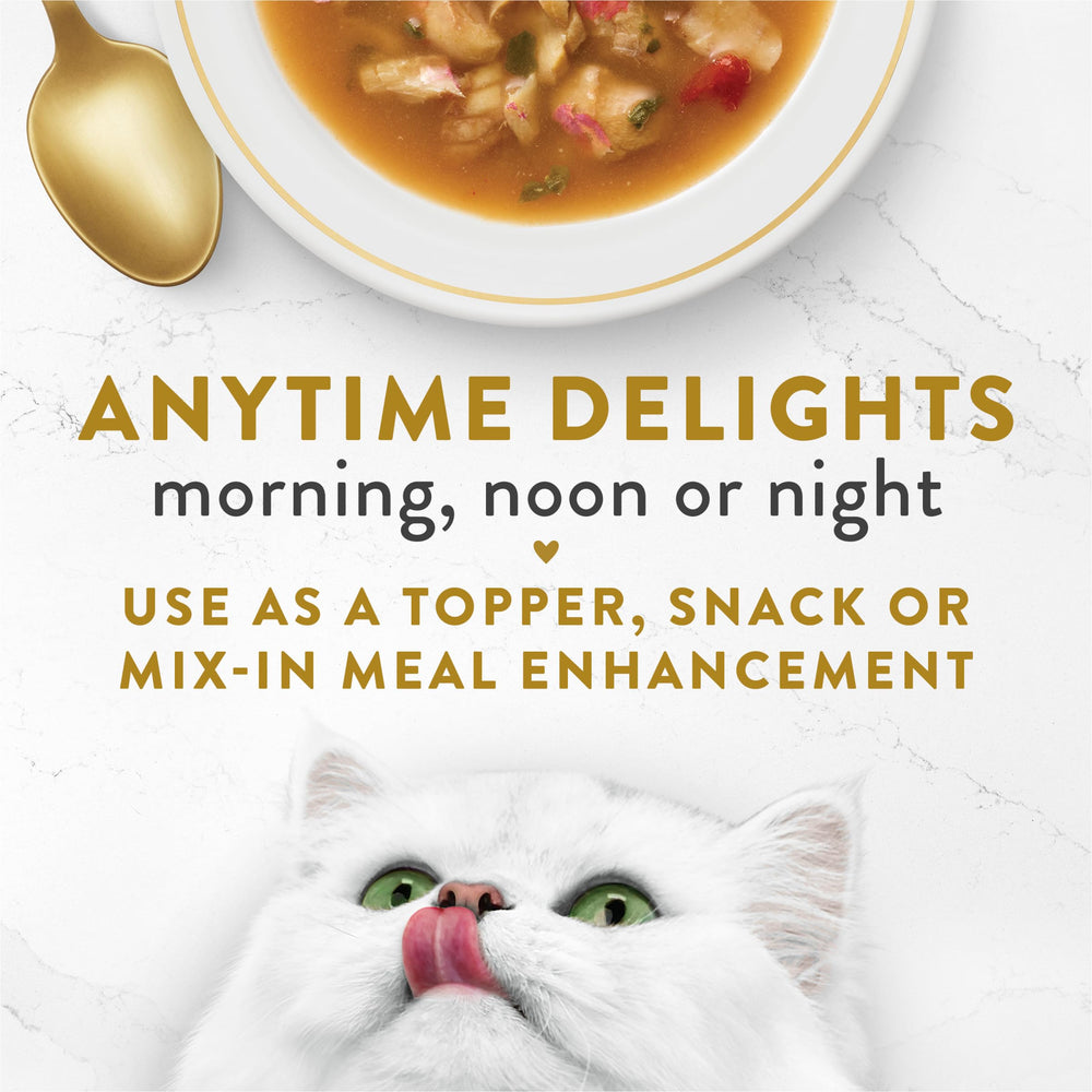 Fancy Feast Broths adult cat serving idea with tear-and-pour pouch