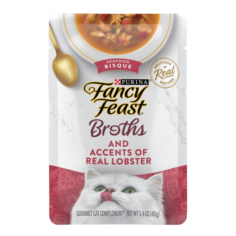 Fancy Feast Broths pouch closeup with lobster accents enhances aroma and flavor for meals