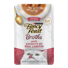 Fancy Feast Broths pouch closeup with lobster accents enhances aroma and flavor for meals