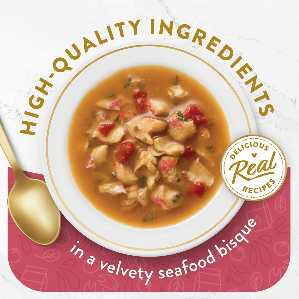 Fancy Feast Broths pour-over image showing easy topper for wet or dry cat food