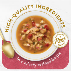 Fancy Feast Broths pour-over image showing easy topper for wet or dry cat food