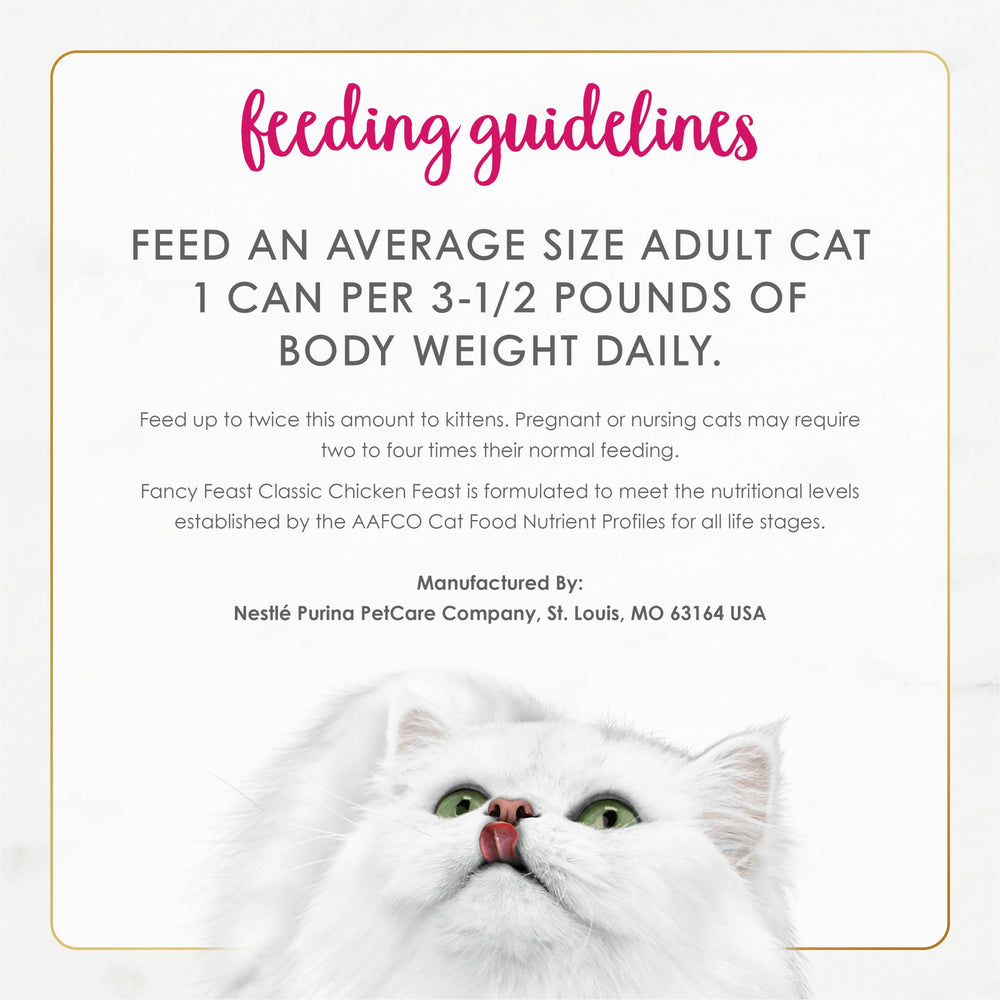 Fancy Feast Chicken Feast Classic Pate cat enjoying meal demonstrates protein-rich flavor.