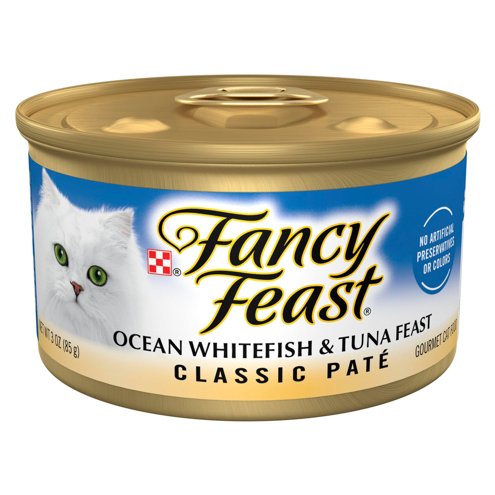 Fancy Feast Classic Pate Ocean Whitefish and Tuna cans ready for a premium seafood meal