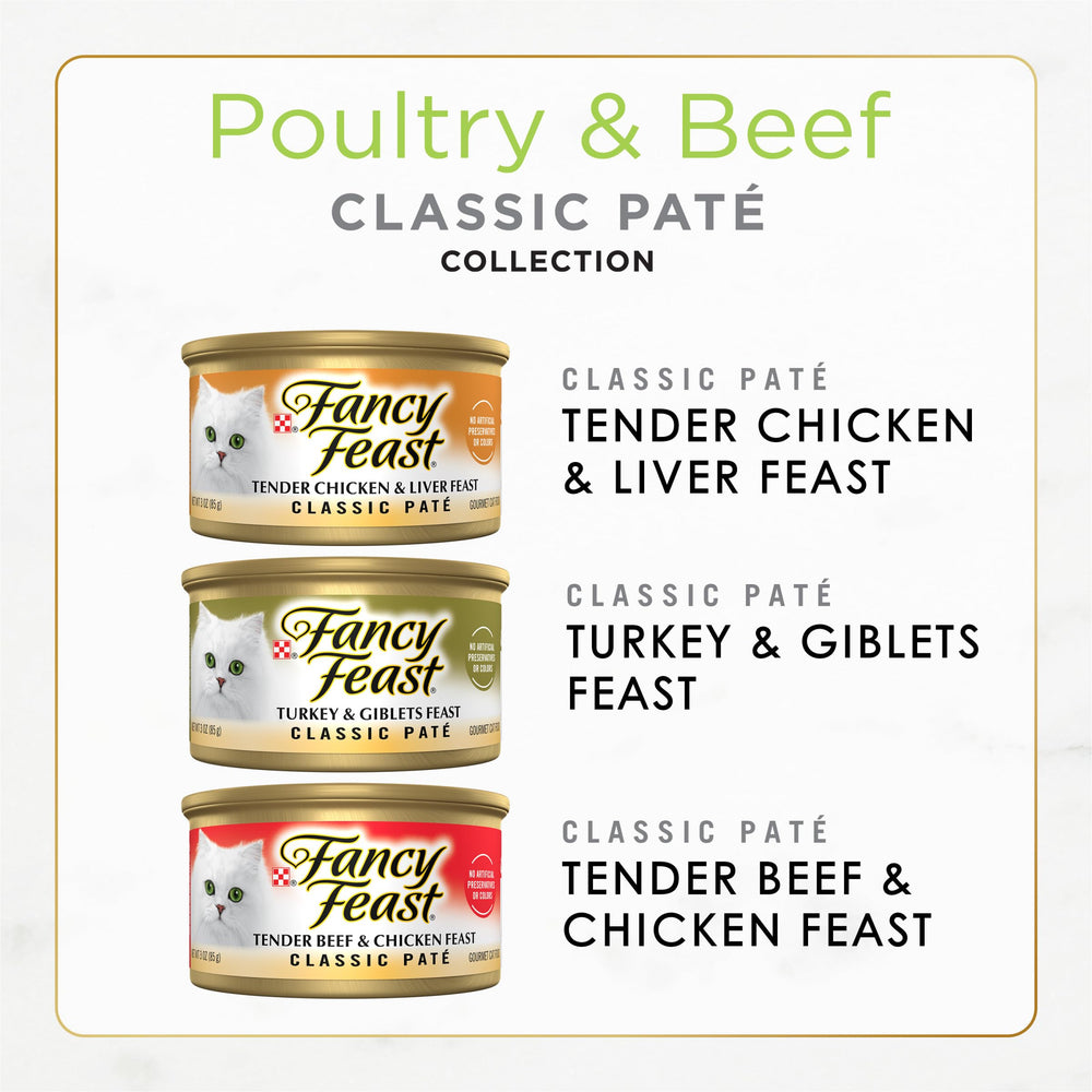 Assorted pate flavors in 3oz cans for variety and gourmet texture.