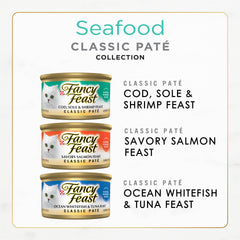 Fancy Feast cod-sole-shrimp pate cans highlighting mixed seafood flavors