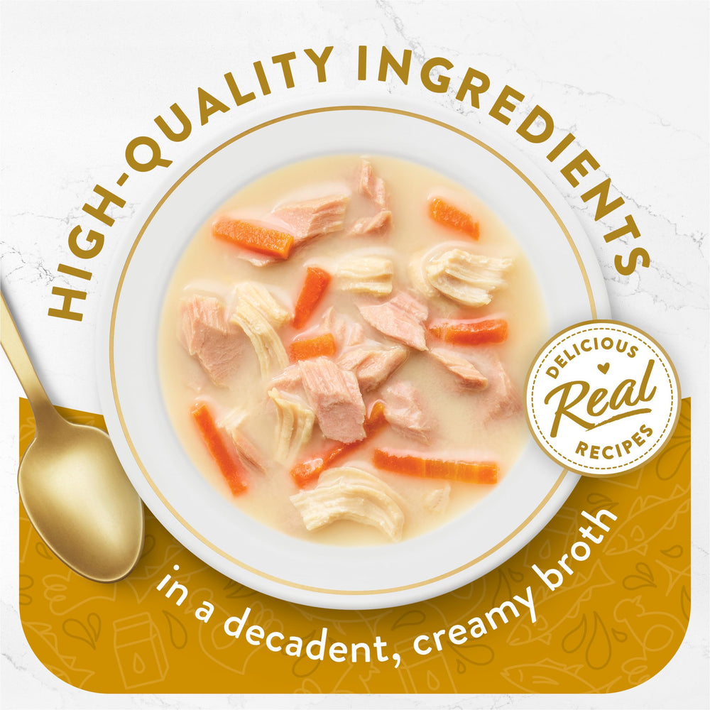 Close-up of Fancy Feast Creamy Broth's silky texture enhances flavor
