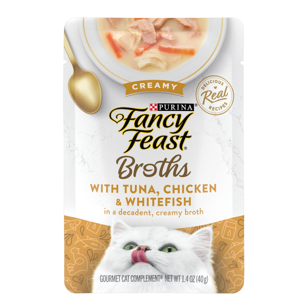 Fancy Feast Creamy Broth pouch with tuna, chicken, whitefish adds moisture to meals