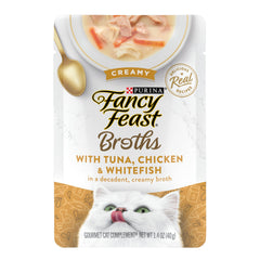 Fancy Feast Creamy Broth pouch with tuna, chicken, whitefish adds moisture to meals