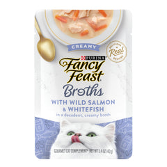 Fancy Feast Creamy Broth pouch with wild salmon and whitefish adds flavorful hydration.