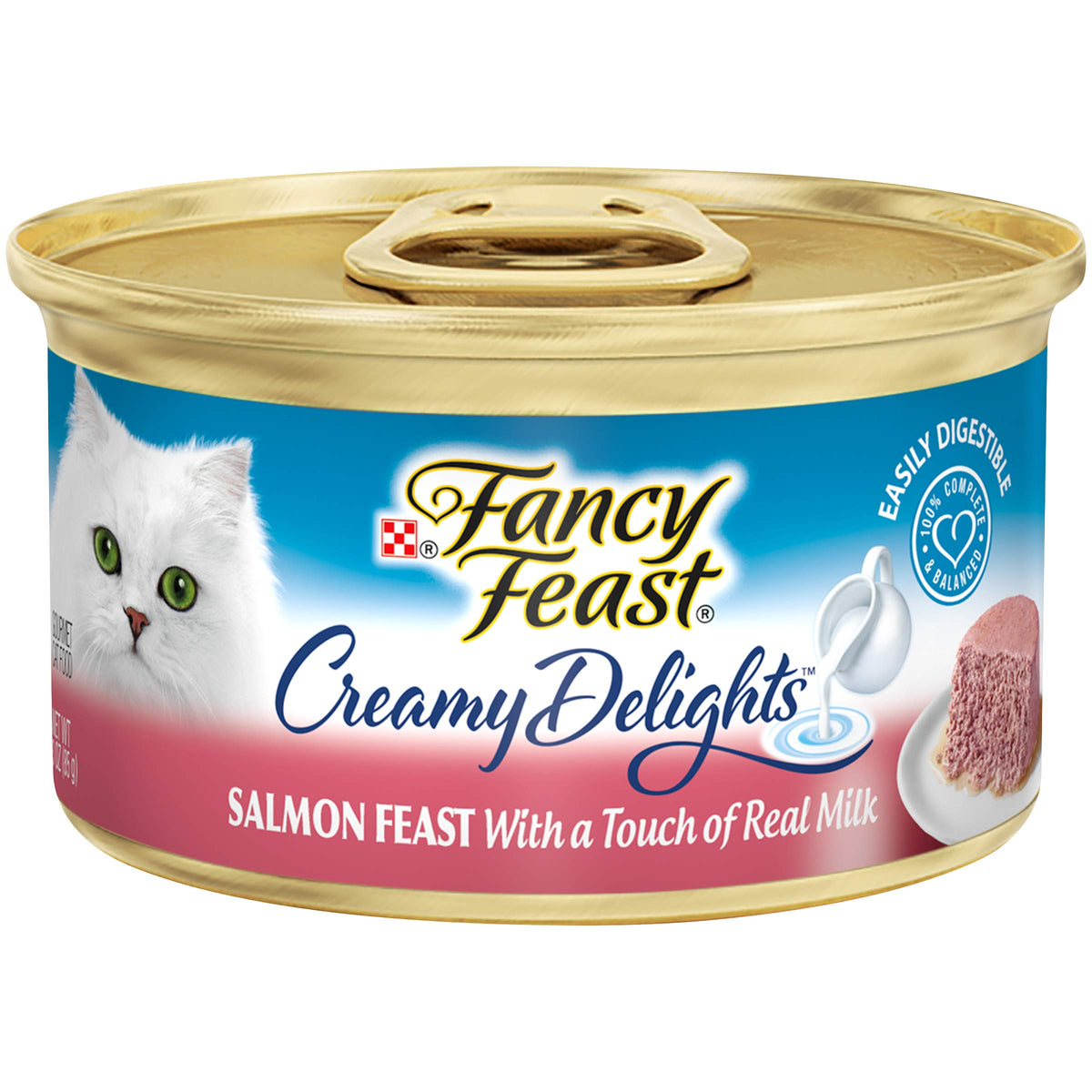Fancy Feast Creamy Delights salmon cans with convenient pull-tab for quick meals.