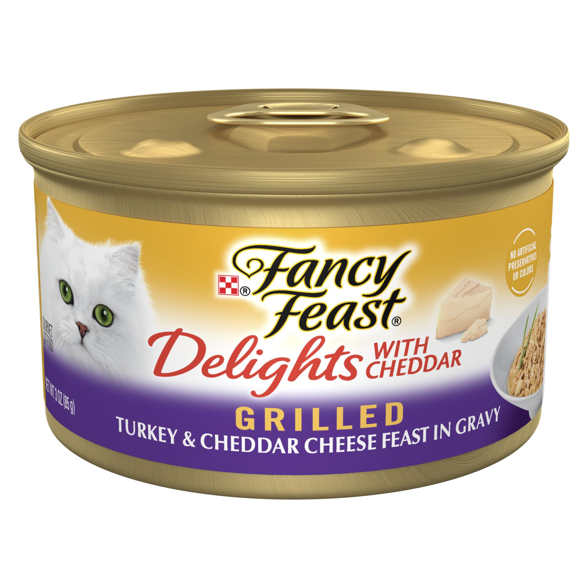 Fancy Feast Delights cheddar-grilled-turkey can showcases premium adult cat meal.