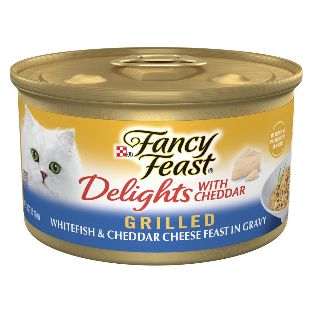 Fancy Feast Delights pack 24 cans of cheddar grilled whitefish for daily meals.