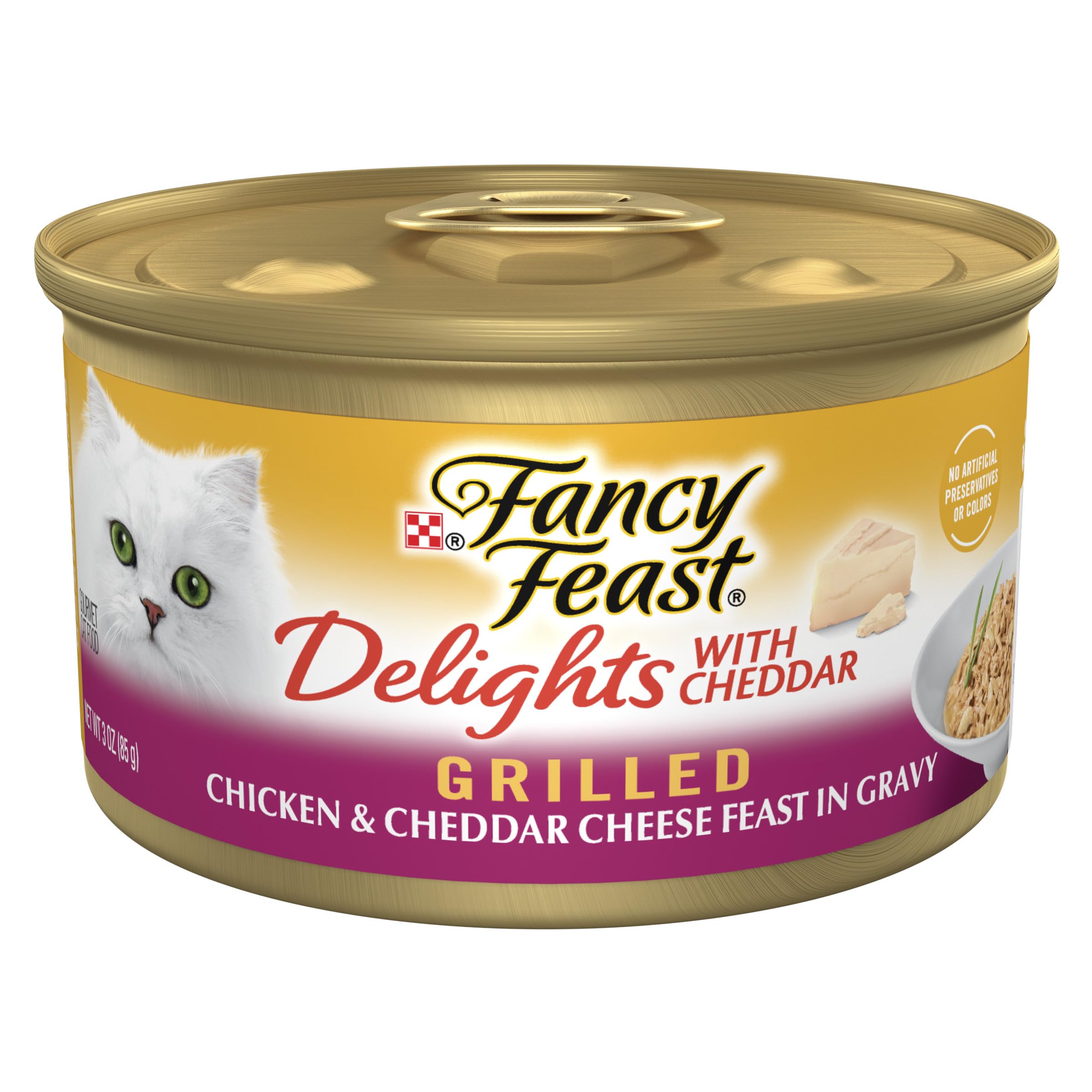 Fancy Feast Delights grilled chicken cheddar gravy bowl, enticing aroma for adult cat dining.