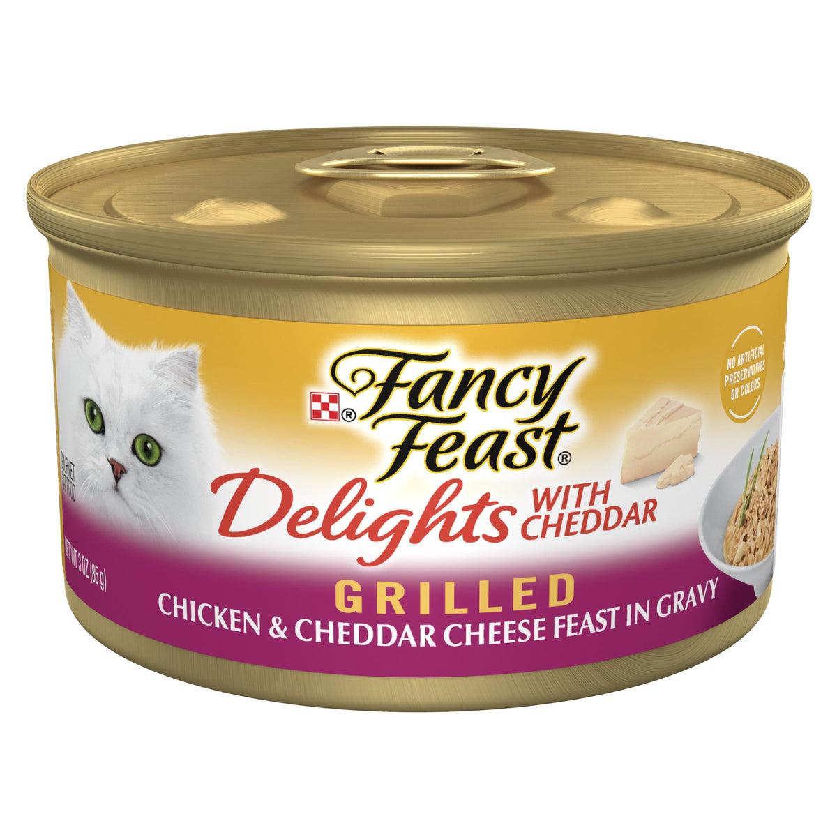 Fancy Feast Delights grilled chicken cheddar gravy bowl, enticing aroma for adult cat dining.