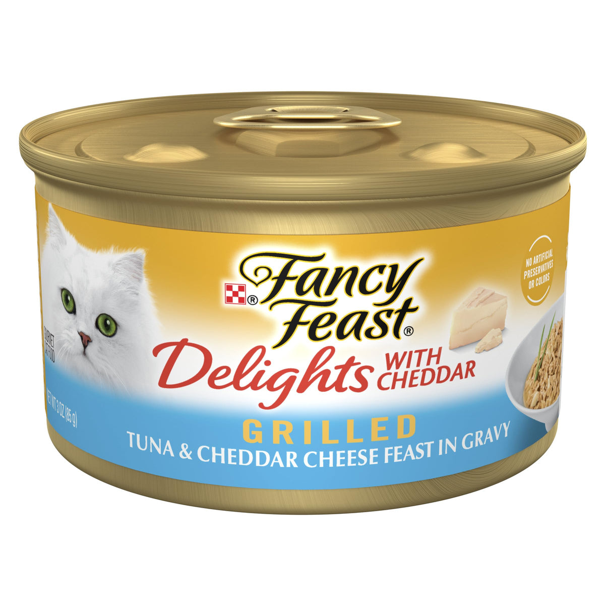 Fancy Feast Delights grilled tuna cheddar can for gourmet cat meals
