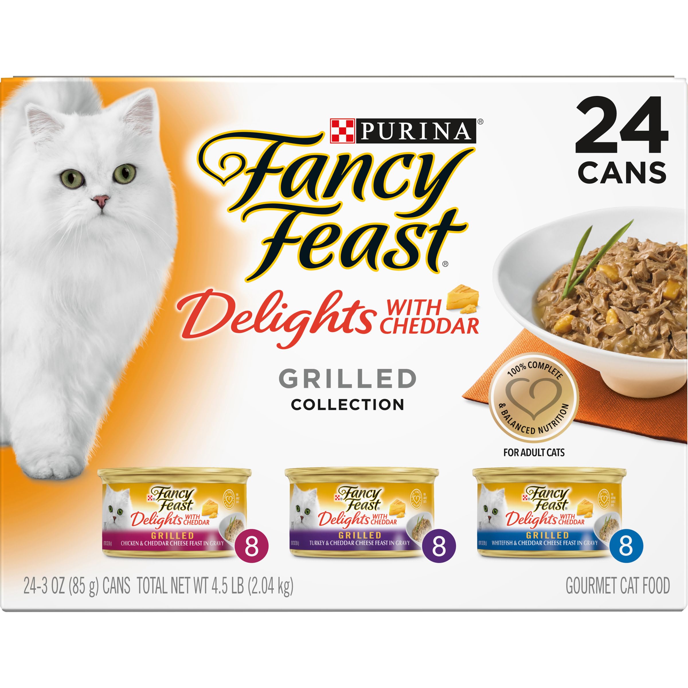 Fancy Feast Delights variety-mealtime scene suggests versatile feeding options for cats.