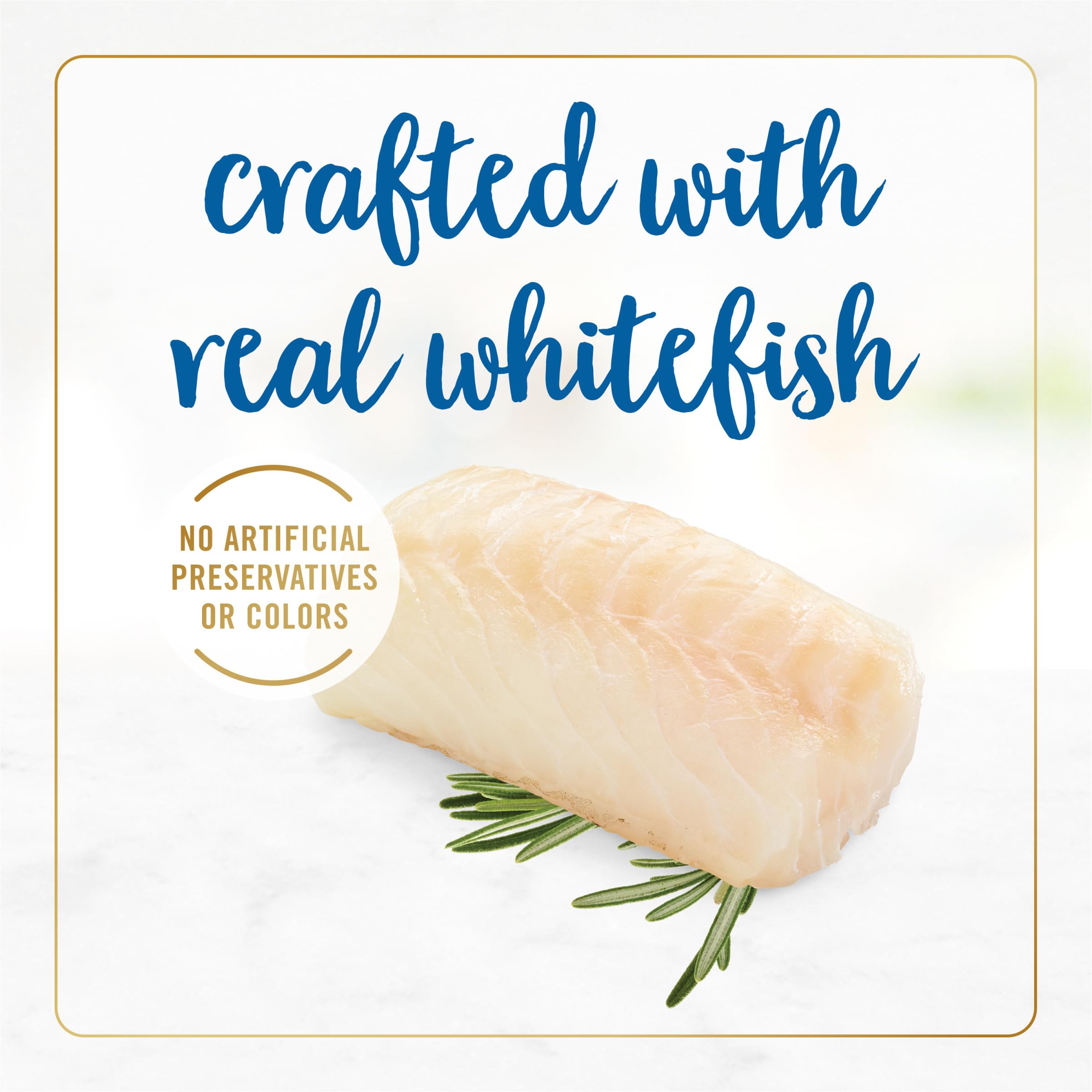 Whitefish chunks and cheddar bits in savory gravy for cats.