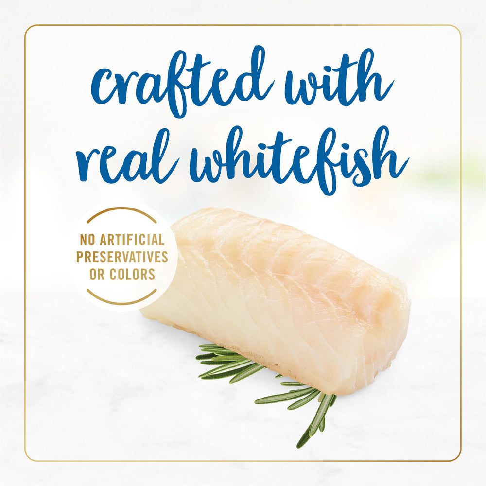 Whitefish chunks and cheddar bits in savory gravy for cats.