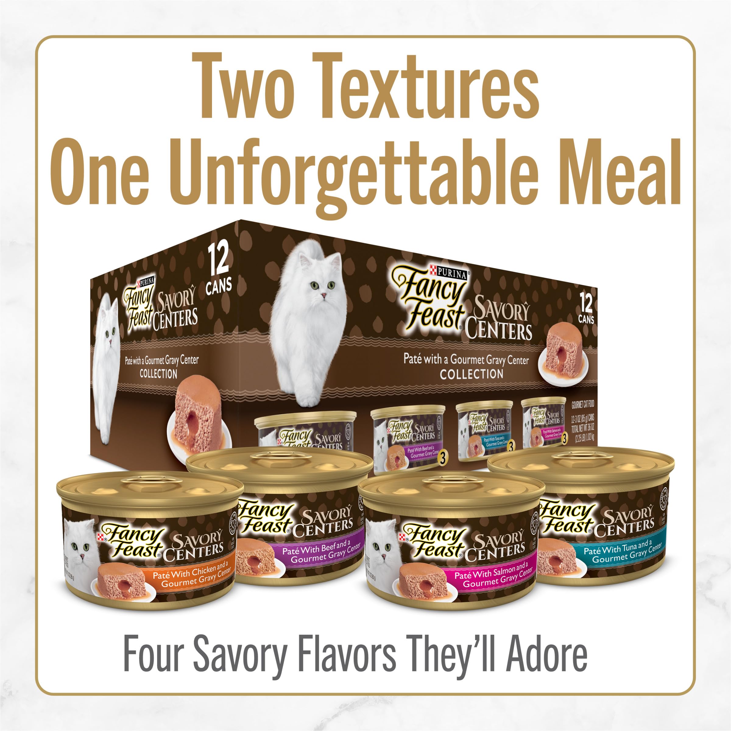Fancy Feast dual-texture gravy center pour showing how flavor and moisture join the meal.