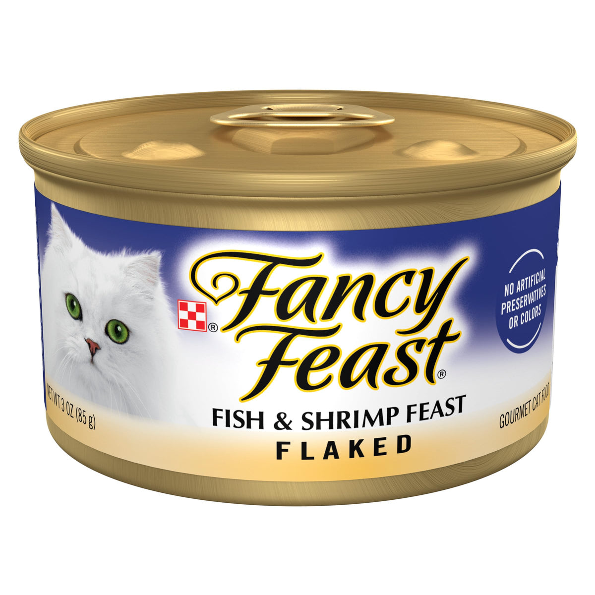 Fancy Feast Flaked Fish and Shrimp Feast cans close-up showing real seafood for adult cats