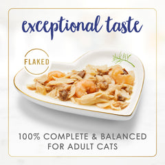 Fancy Feast Flaked Fish and Shrimp Feast serving plate with appetizing meal for adult cats