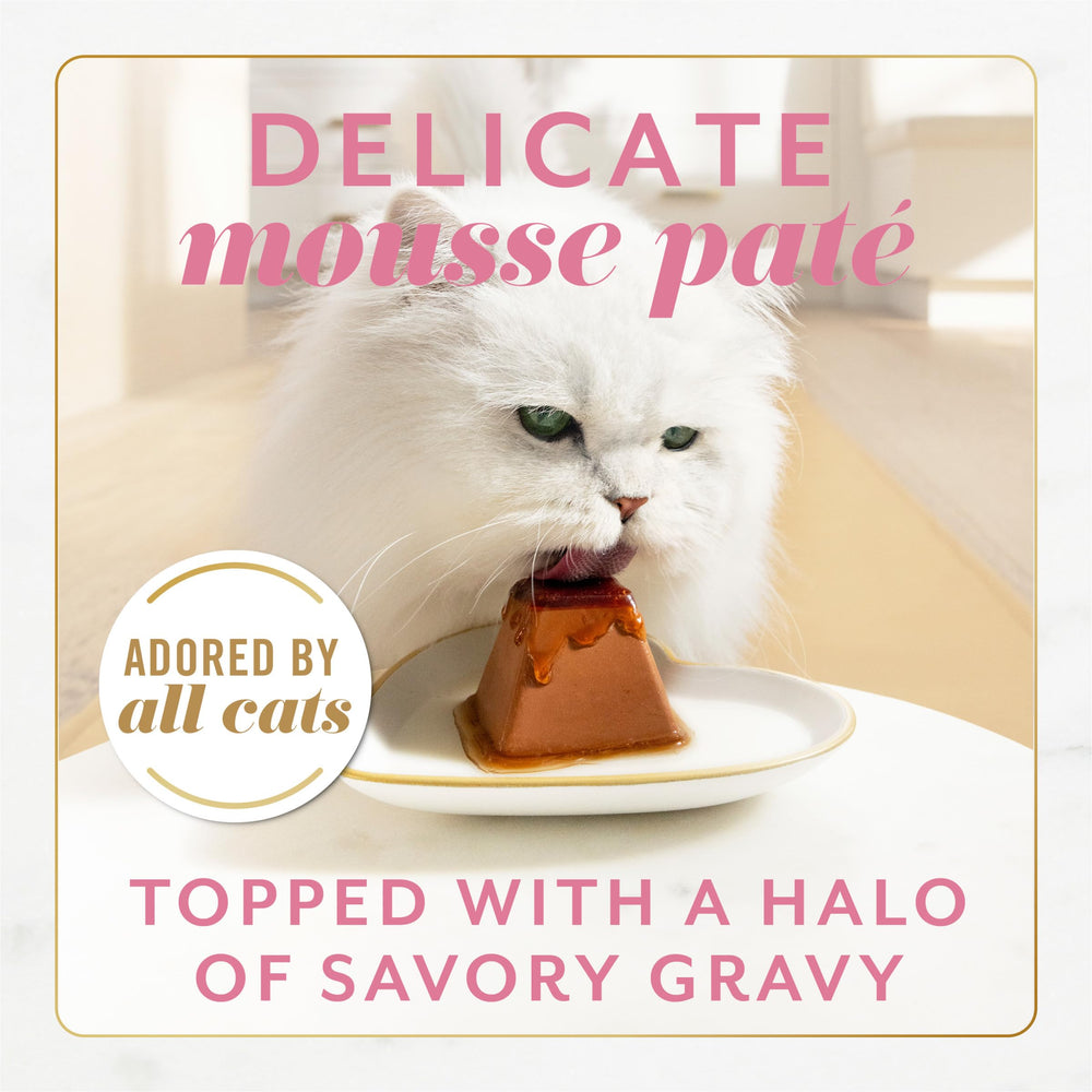 Fancy Feast Gems Salmon Halo Gravy highlights savory gravy finish in every bite.