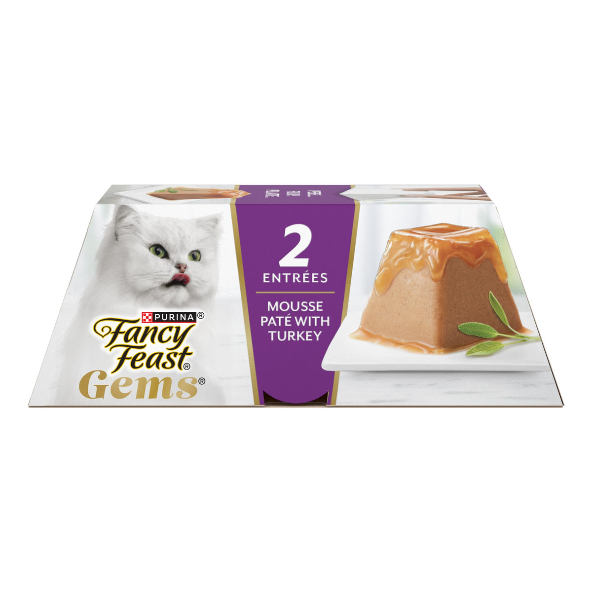 Fancy Feast Gems turkey pate mousse plate highlights silky texture with a savory gravy halo.