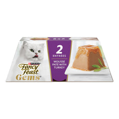 Fancy Feast Gems turkey pate mousse plate highlights silky texture with a savory gravy halo.