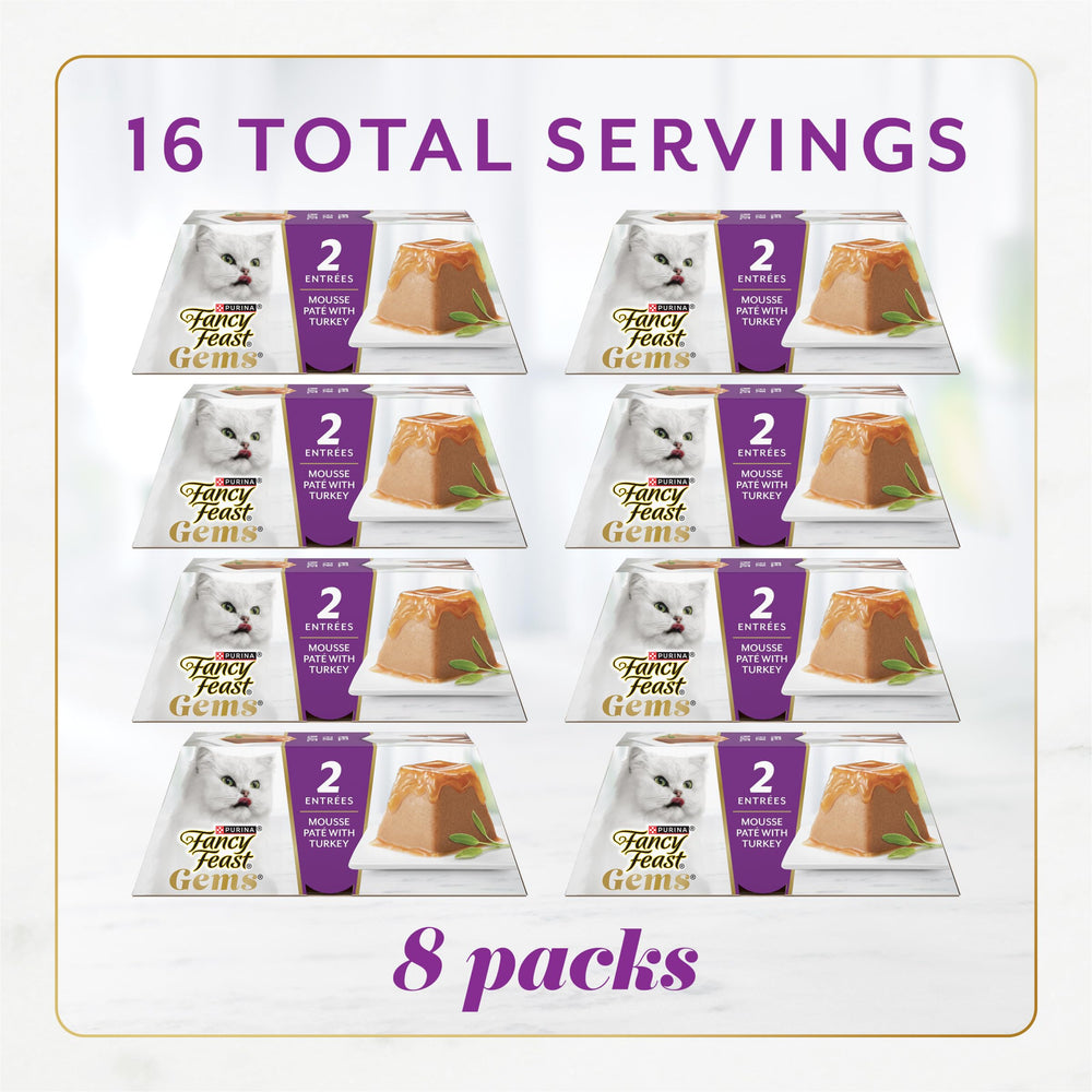 Fancy Feast Gems turkey pate mousse pyramid form enhances presentation and curiosity.