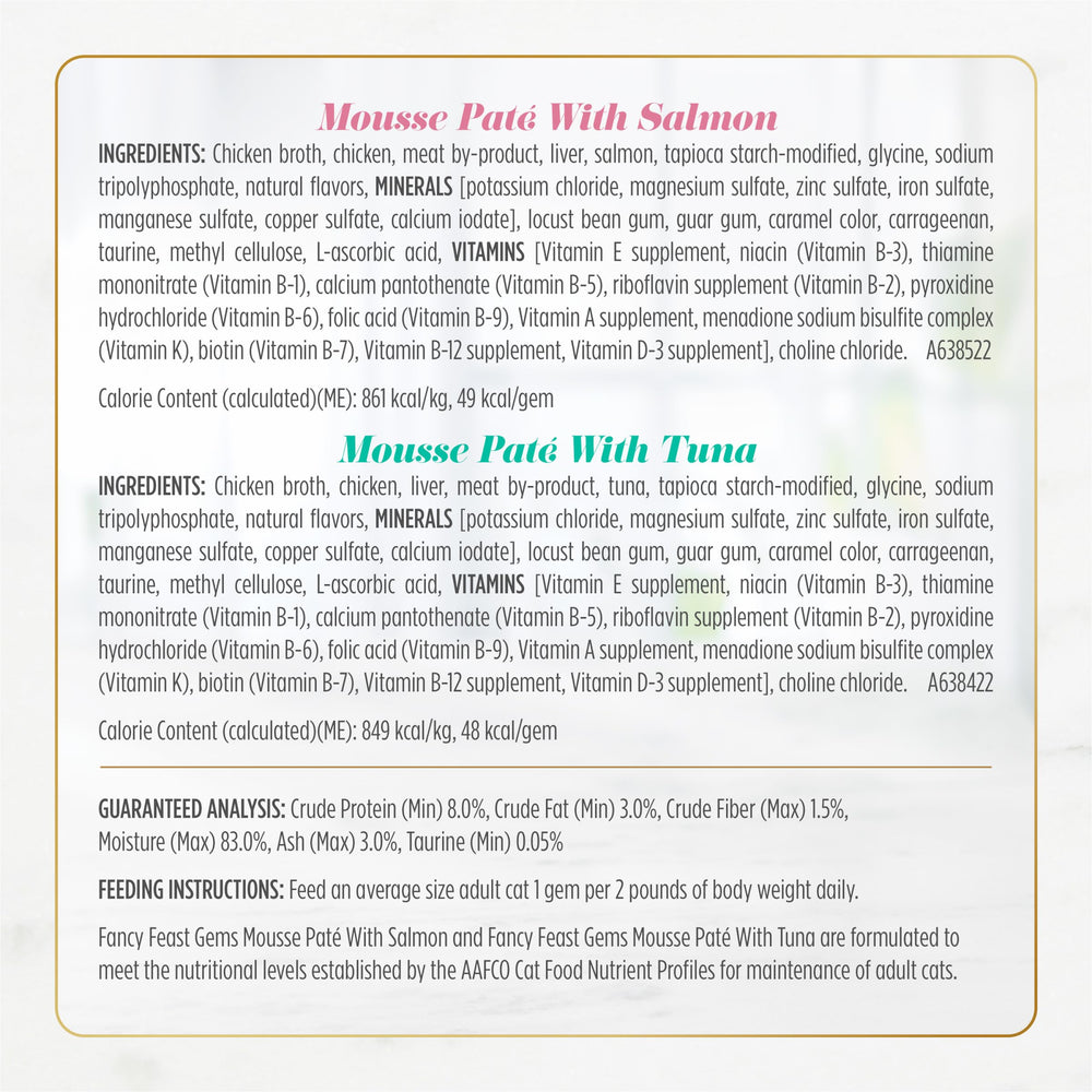 Fancy Feast Gems grain-free recipe with real meat, no preservatives.