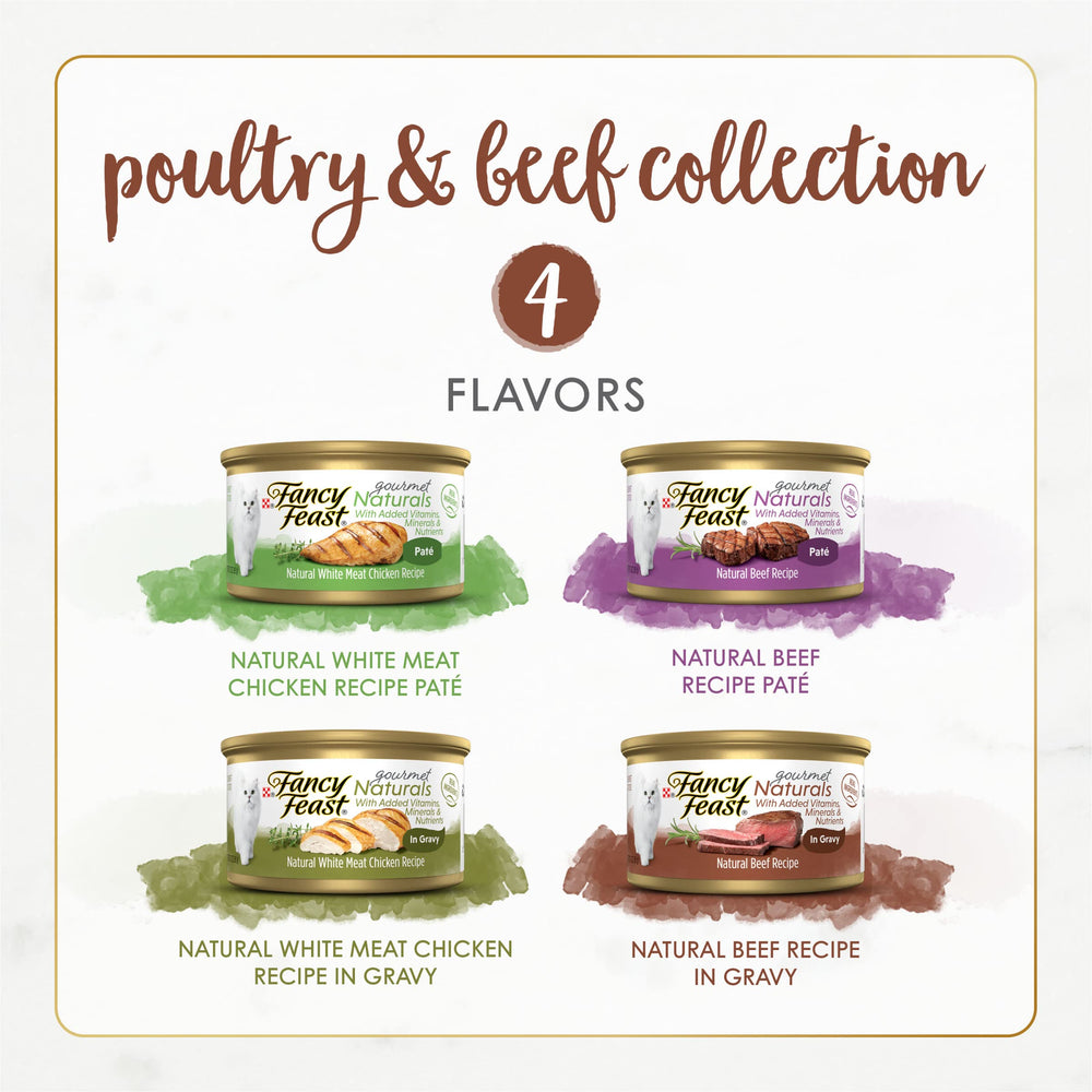 Fancy Feast Gourmet Naturals beef gravy presents hearty beef in a smooth gravy for easy serving.