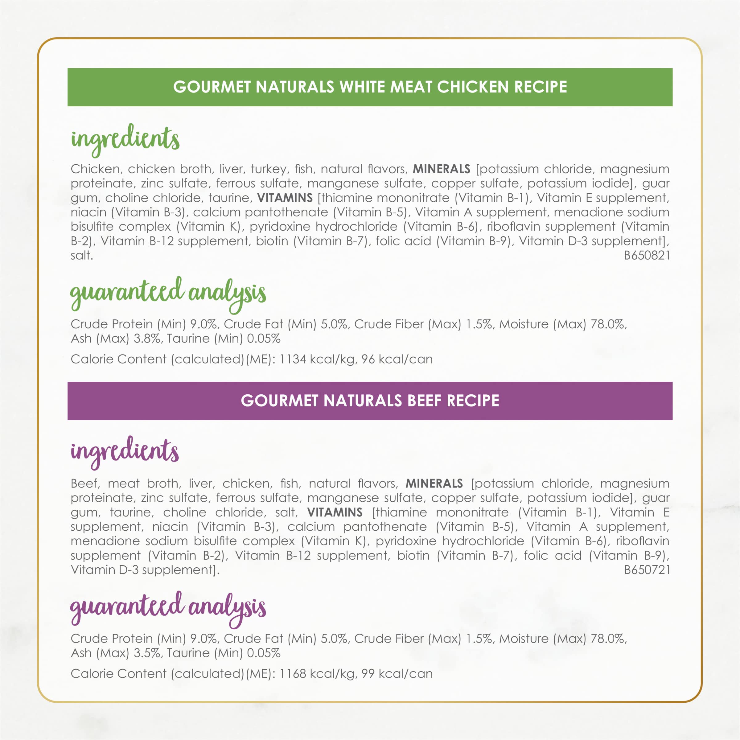 Fancy Feast Gourmet Naturals soft texture cat food hints at easy-to-chew pate and gravy.