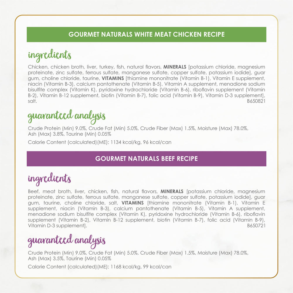 Fancy Feast Gourmet Naturals soft texture cat food hints at easy-to-chew pate and gravy.